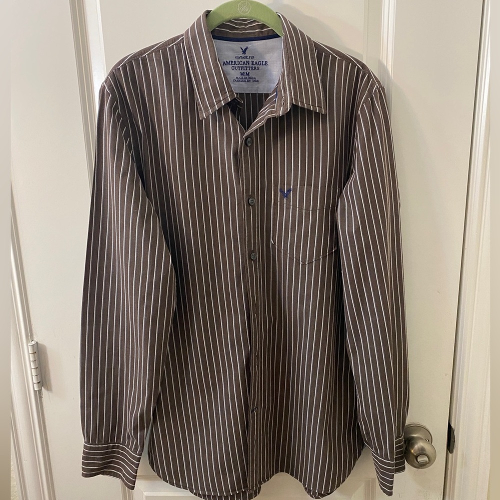 American Eagle Outfitters, Medium, Brown button-up shirt with cream stripes